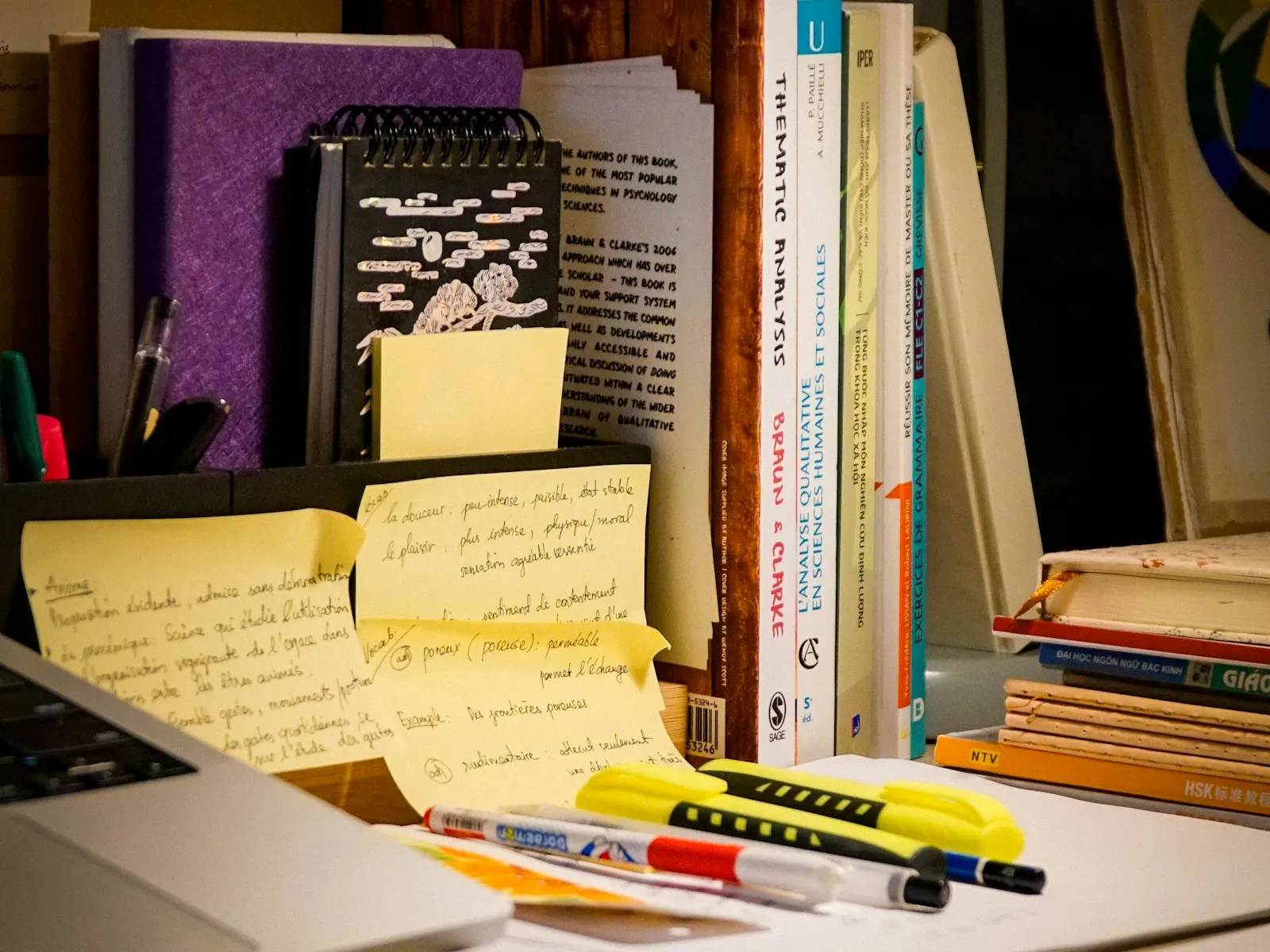 A personal project underway — notes, research, and a laptop at a desk